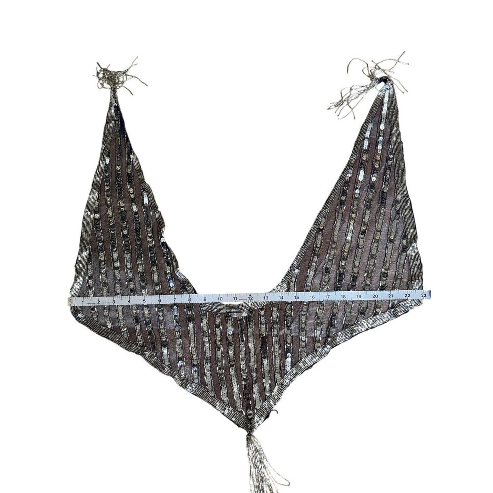 Blue Mesh Silver Sequin Glass Beaded Triangle Shawl Wrap Fringe 23" - Picture 4 of 11